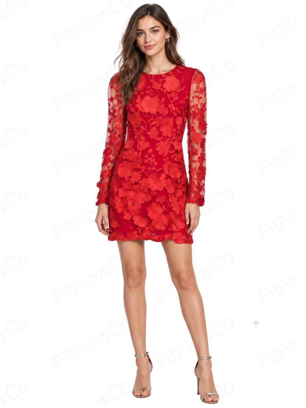 Dalia MacPhee Red 3D Floral Appliqué Lace Cocktail Dress Size S NWT